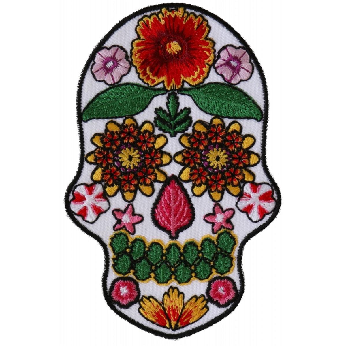 Daniel Smart Flower Skull Embroidered Iron on Patch, White, 2.6 x 4 inches - American Legend Rider