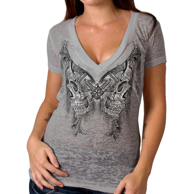 Hot Leathers Ladies Burnout Cotton Butterfly Skulls V-Neck T-Shirt GLC1538