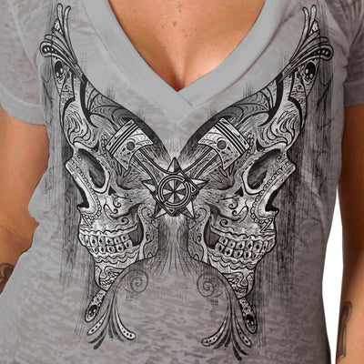 Hot Leathers Ladies Burnout Cotton Butterfly Skulls V-Neck T-Shirt GLC1538