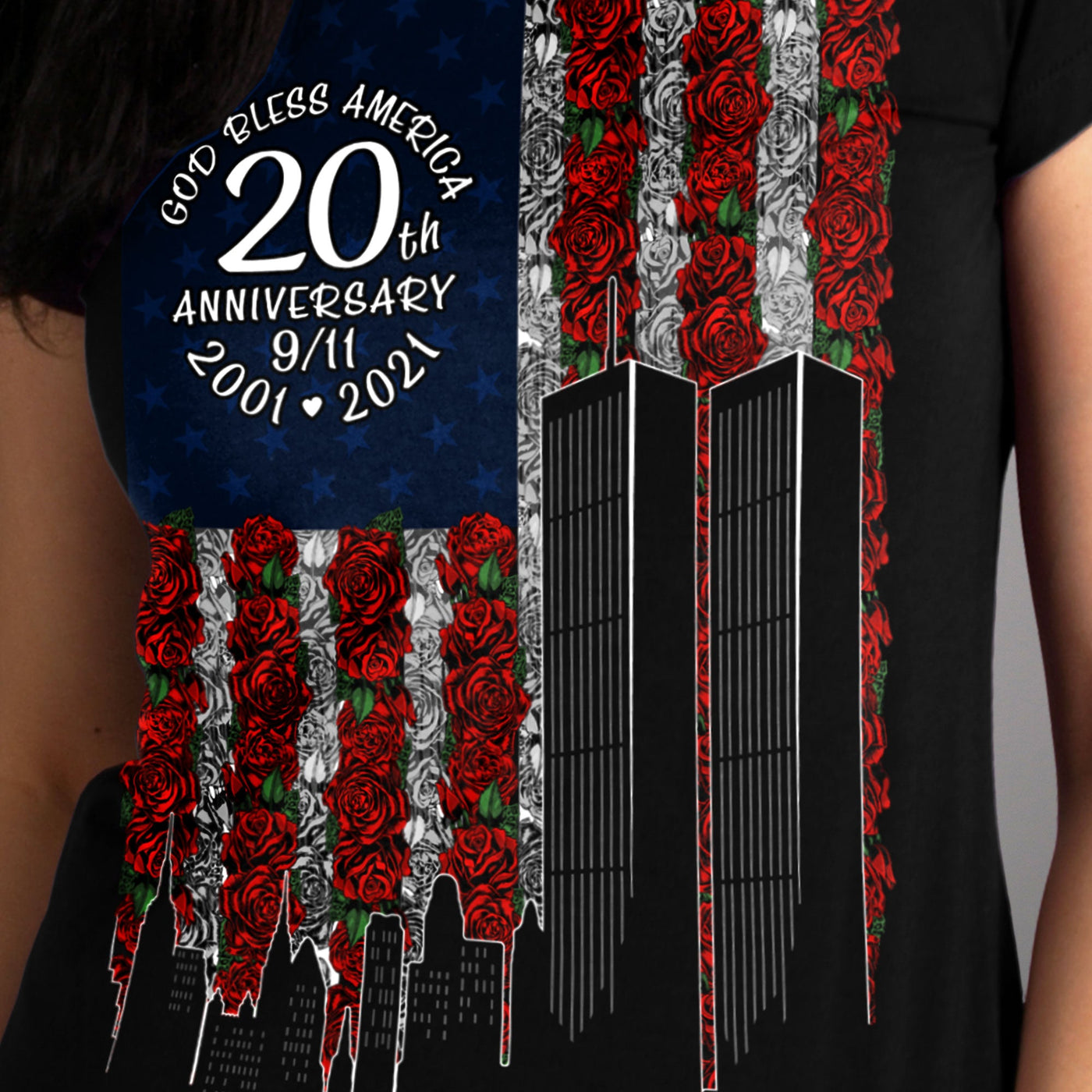 Hot Leathers GLR1350 Ladies Black '9-11 Roses and Flag' T-Shirt