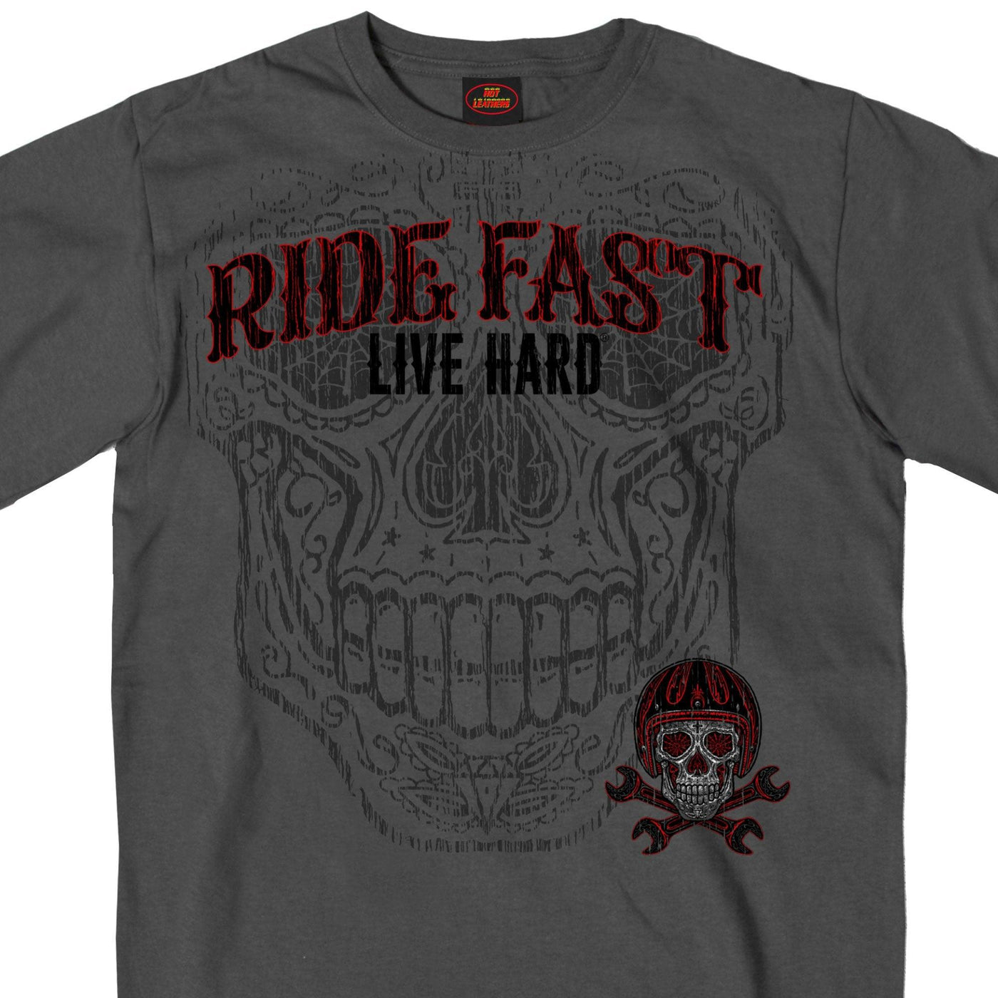 Hot Leathers Men's Short Sleeve Sugar Skull Wrenches T-Shirt, Charcoal - American Legend Rider