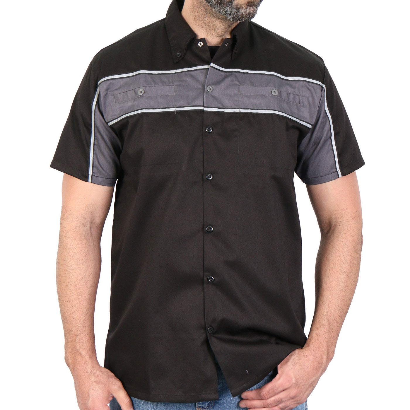 Hot Leathers 2 Tone Stripe Black andGray Mechanics Shirt GMM1006