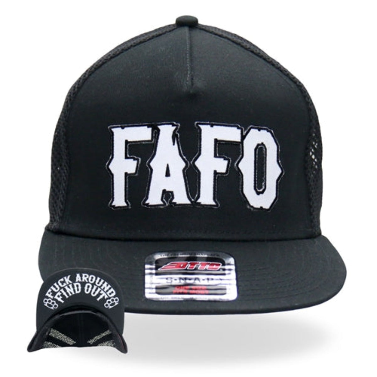 The Hot Leathers FAFO Snapback Hat with Under Bill Print is a black trucker hat featuring "FAFO" in white text across the front and an adjustable plastic snap closure. The underside of the brim reads "Fuck Around Find Out" in white print.