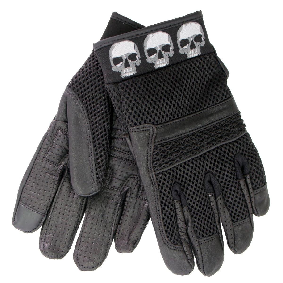 Hot Leathers Row Of Skulls Leather Mesh Glove - American Legend Rider