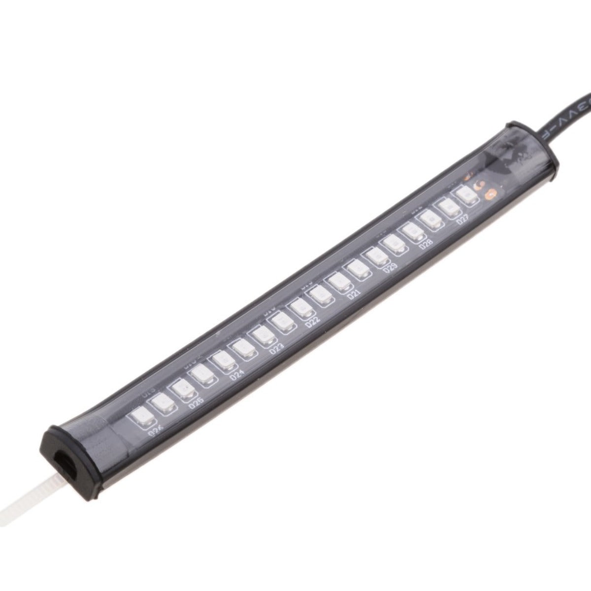Close-up of a Motorcycle Fork Smoked LED Turn Signal Strip Light from the kit for Harley Davidson 39mm - 41mm Fork, featuring a black casing and connected wire, reminiscent of sleek motorcycle signals.