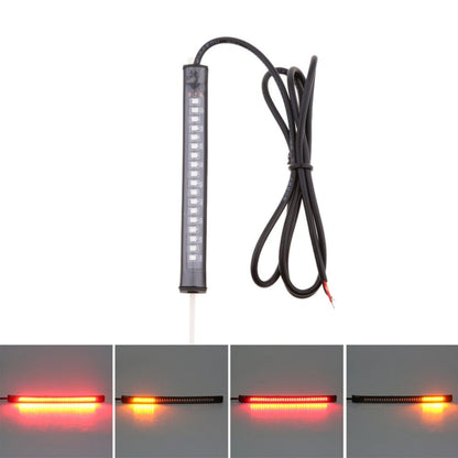 A Motorcycle Fork Smoked LED Turn Signal Strip Lights Kit is shown in four images with red and orange effects. It's perfect for Harley Davidson 39mm-41mm forks, operating at 12-15 V DC.
