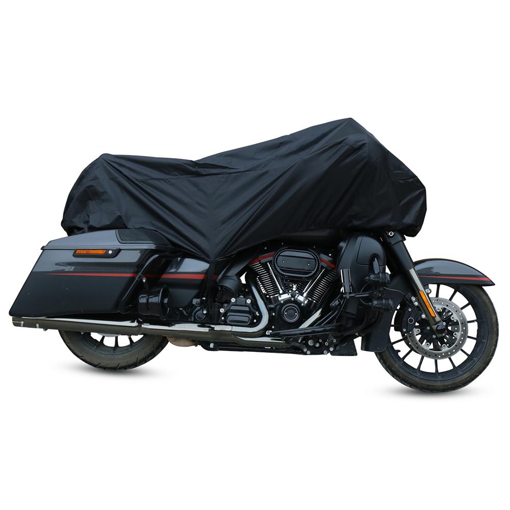 A sleek black motorcycle rests against a white backdrop, partially adorned with the Waterproof Motorcycle Half Cover, made from robust 210T polyester fabric.