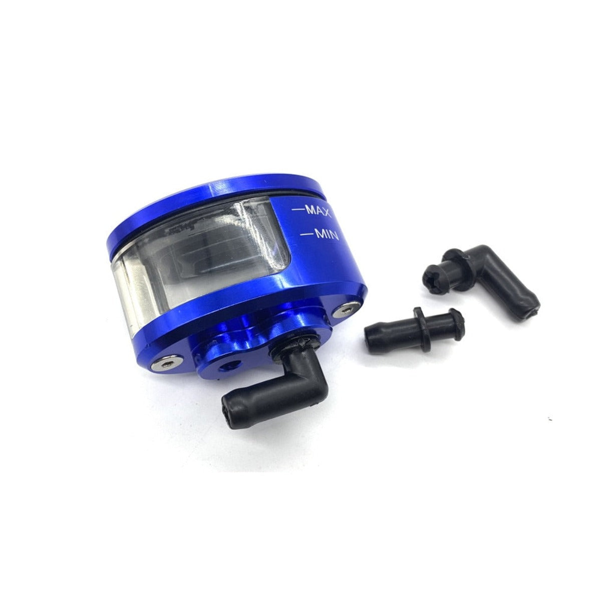 Blue, cylindrical fluid reservoir with a clear window showing "MAX" and "MIN" levels, accompanied by two black elbow connectors; this Motorbike Clutch & Brake Cylinder Fluid Reservoir Cup - Blue is CNC machined from aluminum & PMMA for durability.