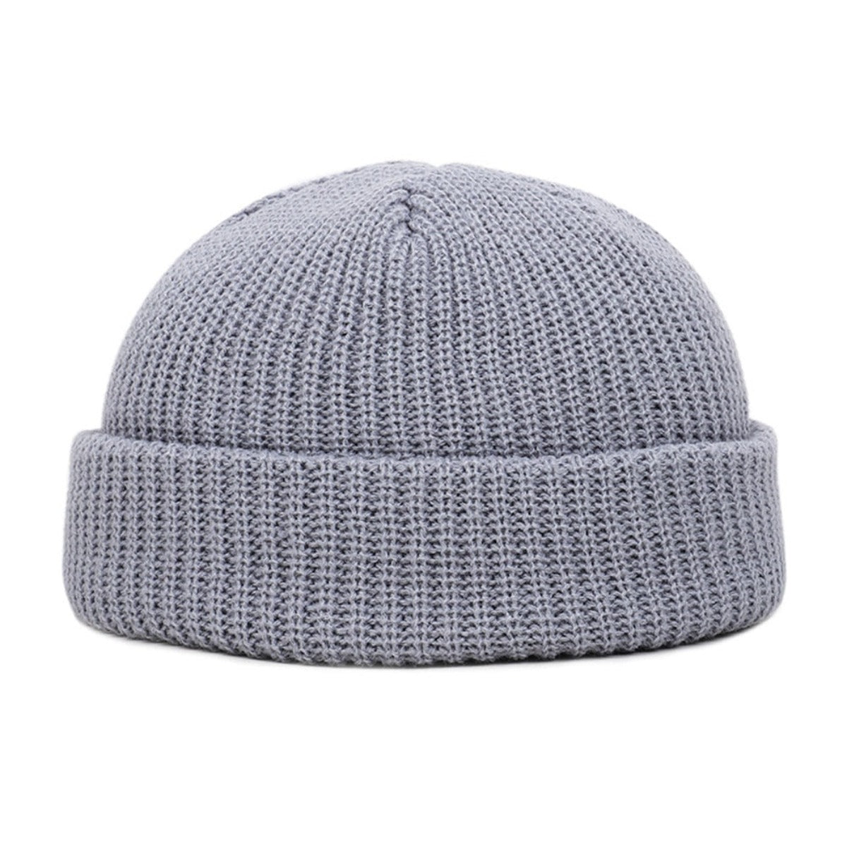A Wool Knitted Skull Cap Beanie, made of grey knit fabric, on a white background.