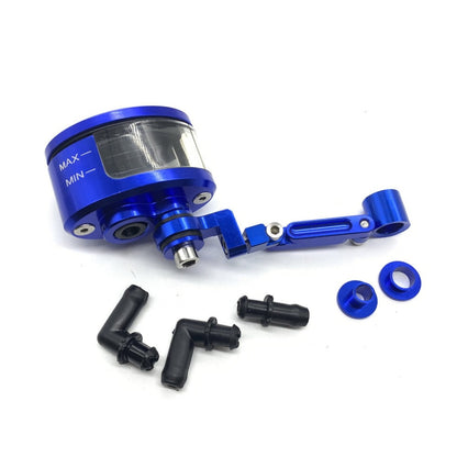 Motorbike Clutch & Brake Cylinder Fluid Reservoir Cup - Blue with CNC machined aluminum & PMMA, adjustable mounting bracket, rubber hoses, and two rubber gaskets, displayed on a white background.