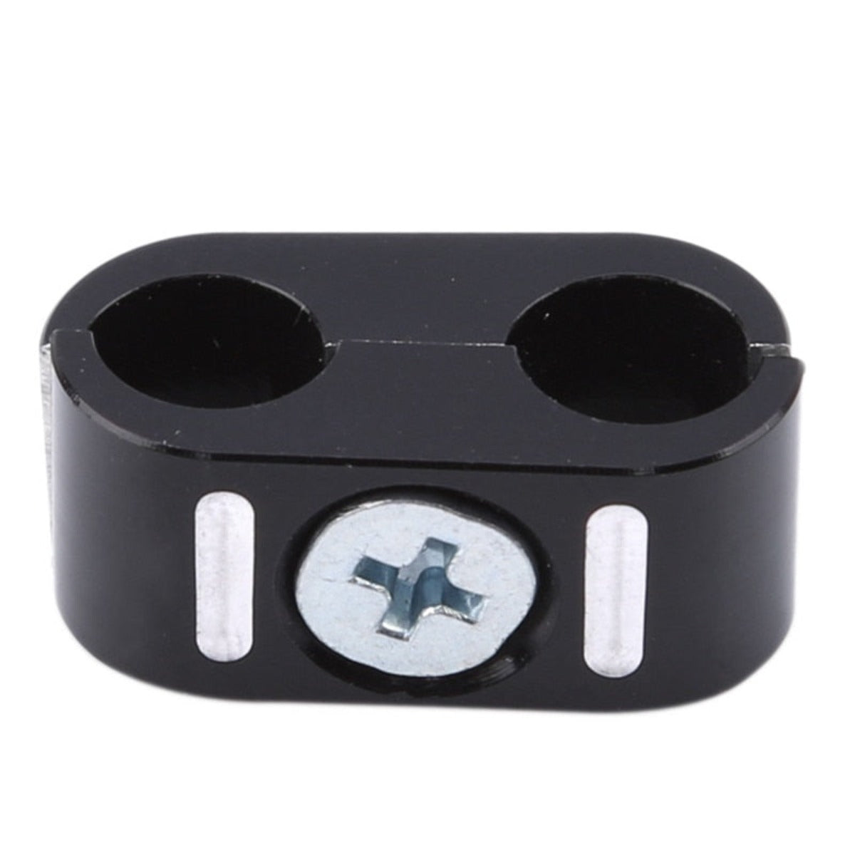 A black metal cable clamp with an embedded screw in the center, this Universal Motorcycle Brake Throttle Cable Clip Clamp Holder is designed to hold two cables securely.