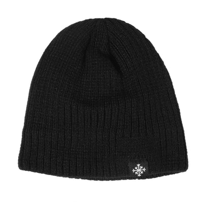 A Knitted Winter Beanie Hat in black with a cross on it, made from soft and warm material.