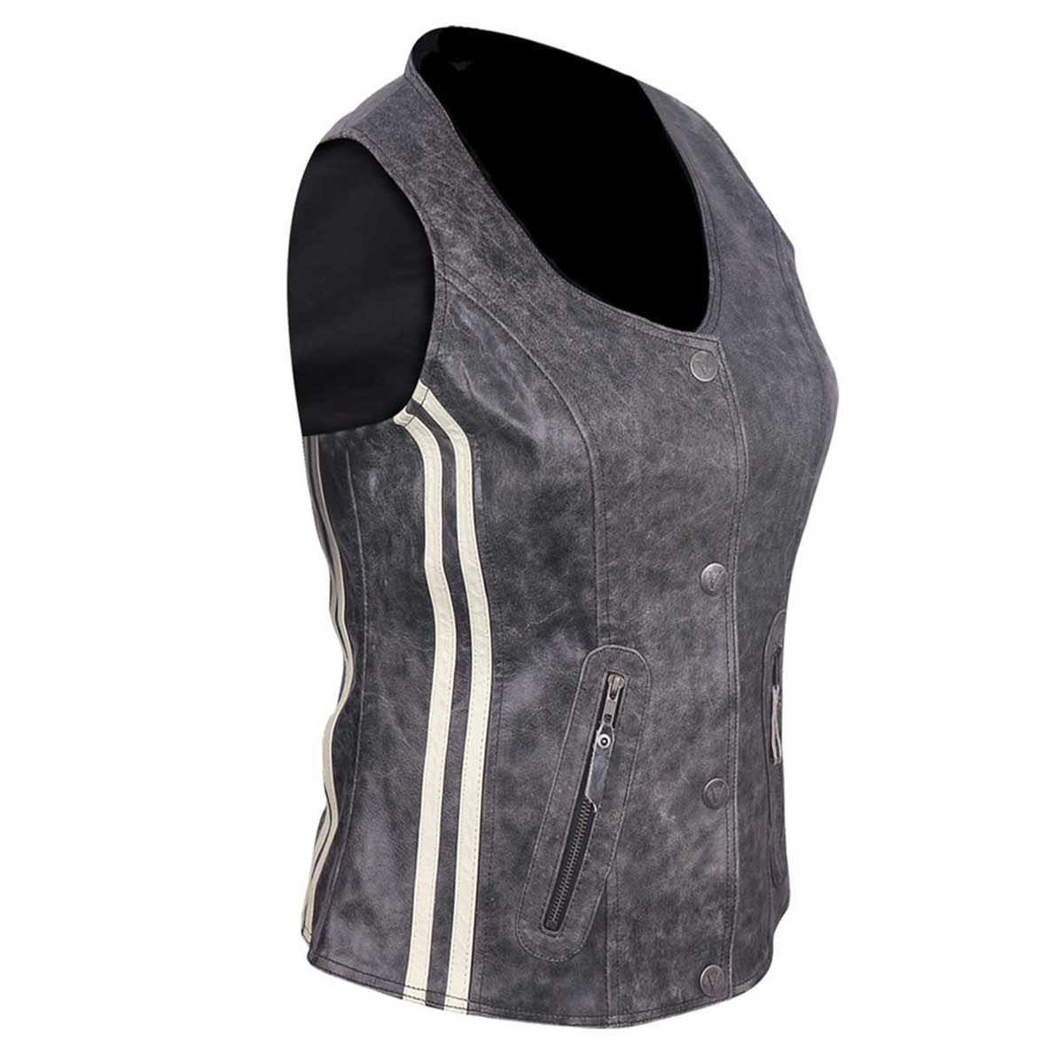 Vance Leather Ladies Distressed Gray Vest with Vertical Stripes