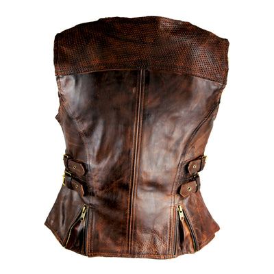 Vance Ladies Vintage Brown Premium Leather Concealed Carry Motorcycle Vest