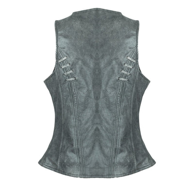 Vance Ladies Lightweight Distressed Gray Leather Vest with Grommeted Twill and Lace Highlights