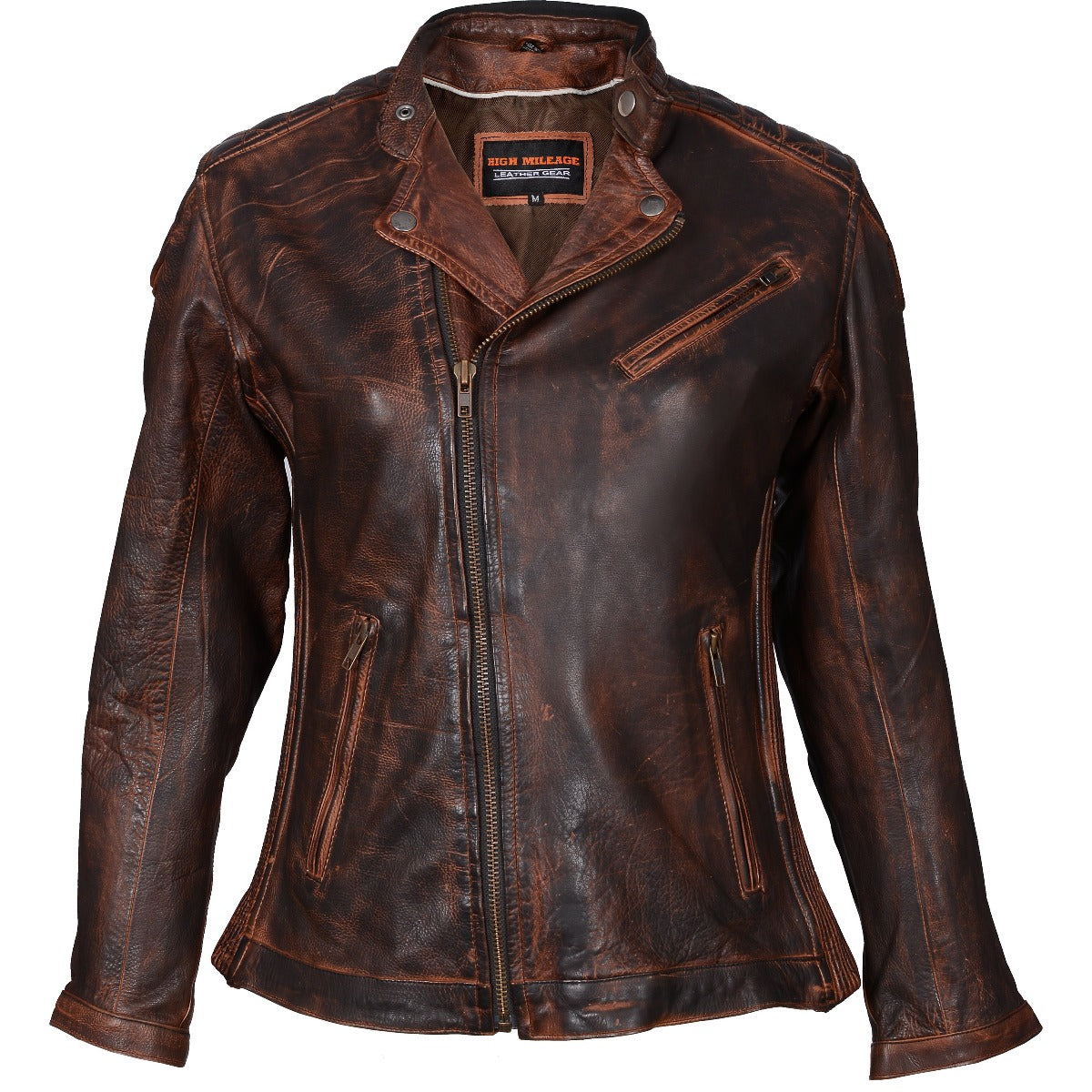Vance High Mileage Ladies Vintage Brown Leather Jacket with Diamond Stitched Shoulders