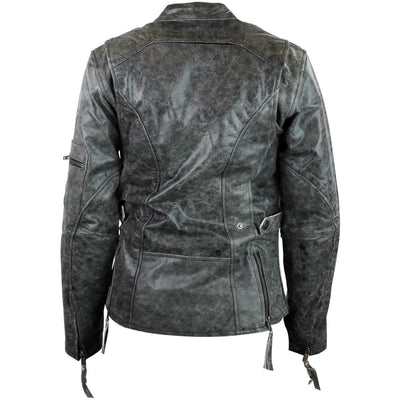 Vance Distressed Grey Women's Biker Leather Jacket with Vertical Stripes