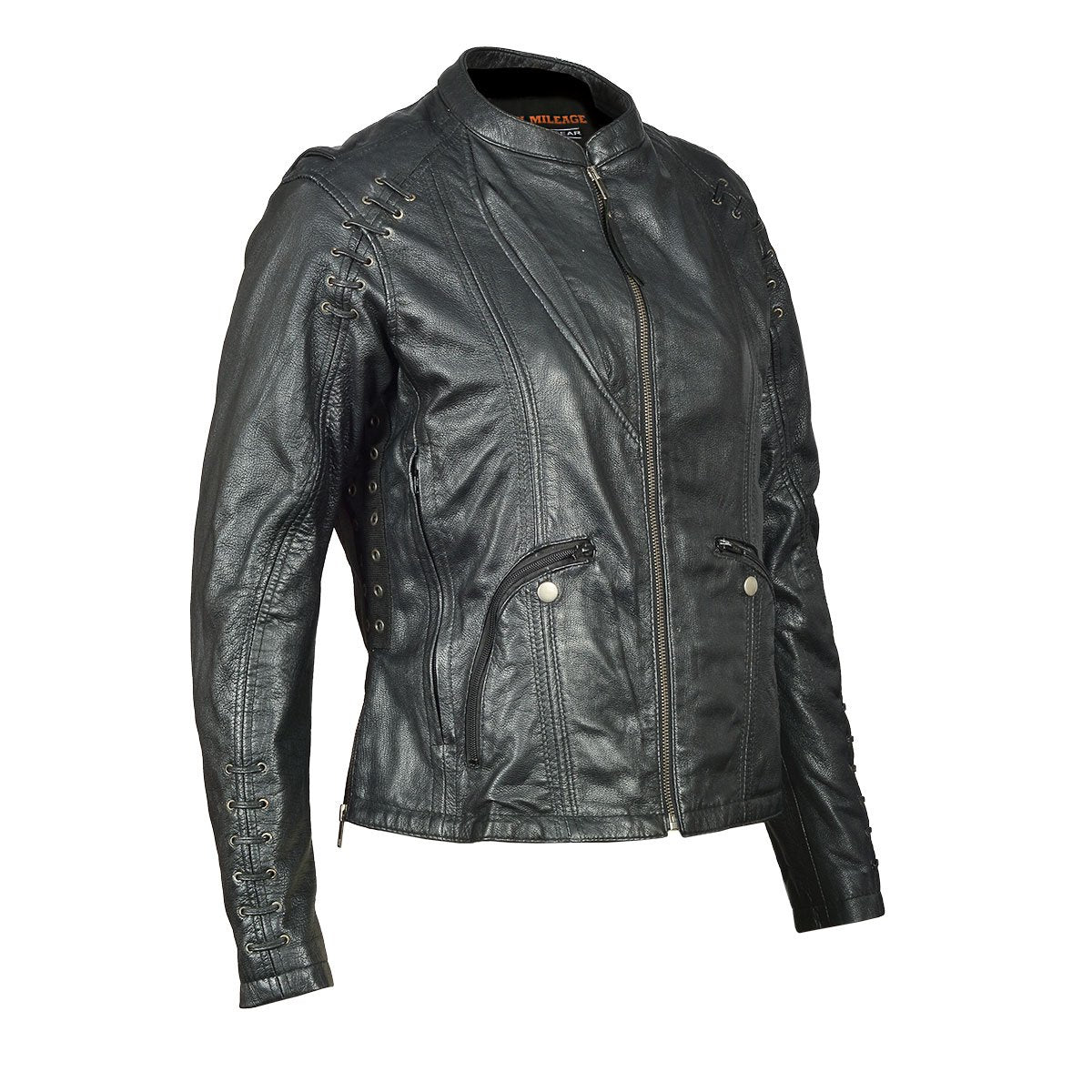 Vance Leather High Mileage Ladies Lightweight Black Goatskin Jacket w/ Grommeted Twill and Lace Highlights
