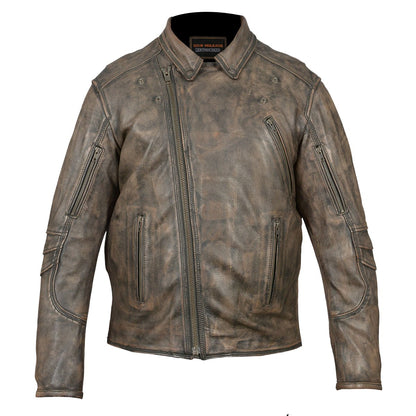 Vance Men's Brown Premium Leather Beltless Mcj W/dual Gun Pockets & Z/o Liner With Adjustable Collars