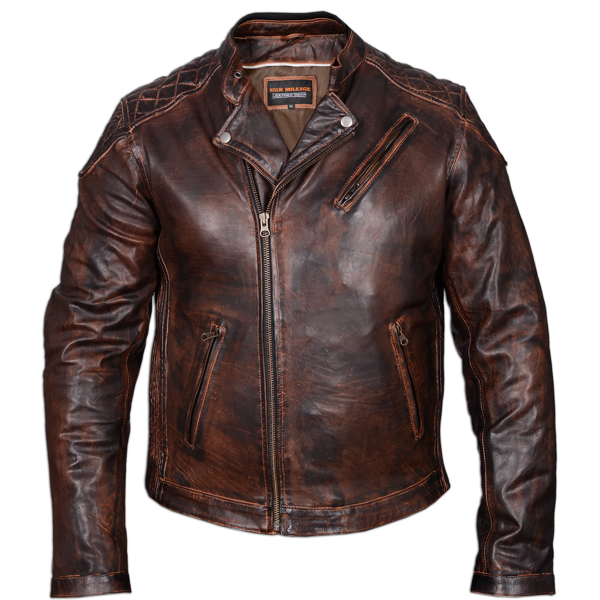 Vance Leather High Mileage Men's Vintage Brown Leather Jacket with Diamond Stitched Shoulders