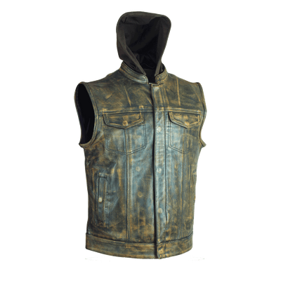 Vance Leather Distressed Brown Motorcycle Club Vest with Hoodie