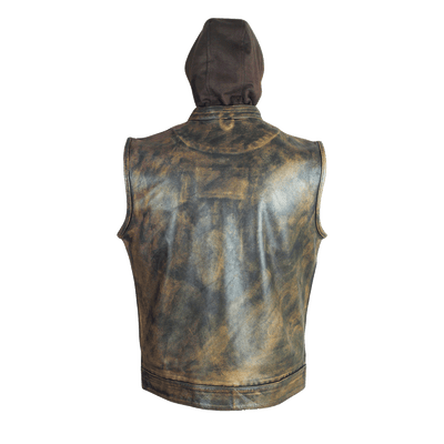 Vance Leather Distressed Brown Motorcycle Club Vest with Hoodie