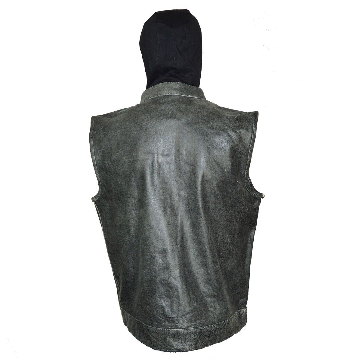 Vance Distressed Gray Motorcycle Club Leather Vest with Hood