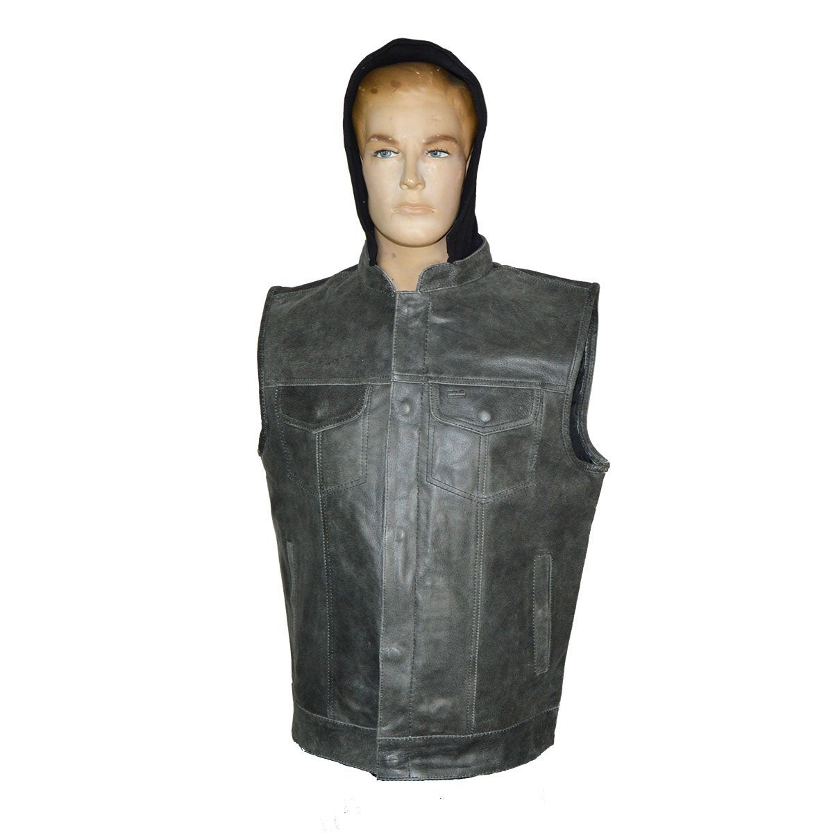 Vance Distressed Gray Motorcycle Club Leather Vest with Hood