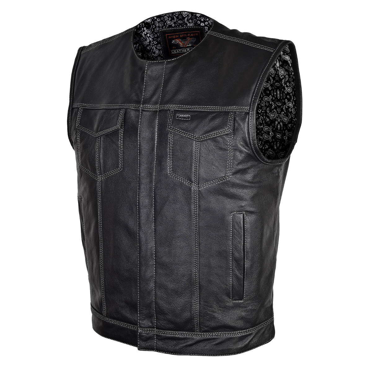 Vance Leather High Mileage Men's Zipper and Snap Closure Leather Club Vest Quick Access Gun Pocket w/Paisley Liner