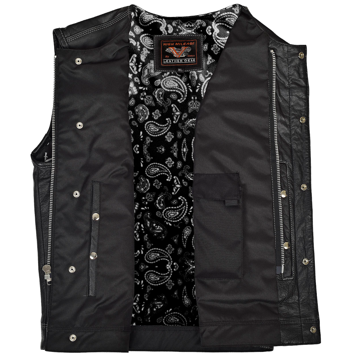 Vance Leather High Mileage Men's Zipper and Snap Closure Leather Club Vest Quick Access Gun Pocket w/Paisley Liner