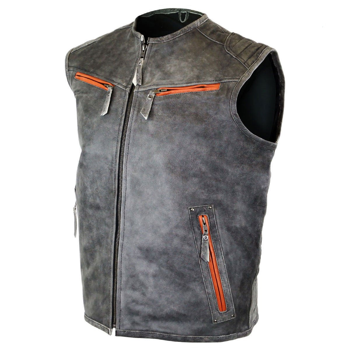 Vance Leather Men's Distressed Gray Vest with Padded Back and Inside Gun Pocket