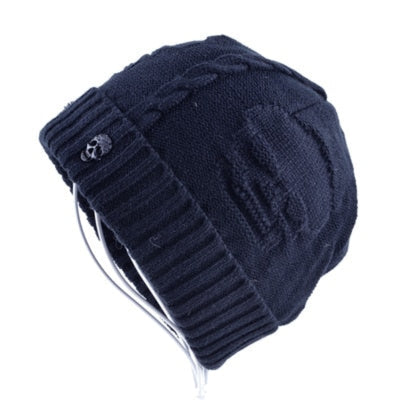 A black Knitted Skull Pattern Beanie Hat, offering both comfort and style.