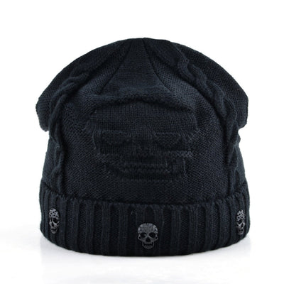 A comfortable black Knitted Skull Pattern beanie hat.