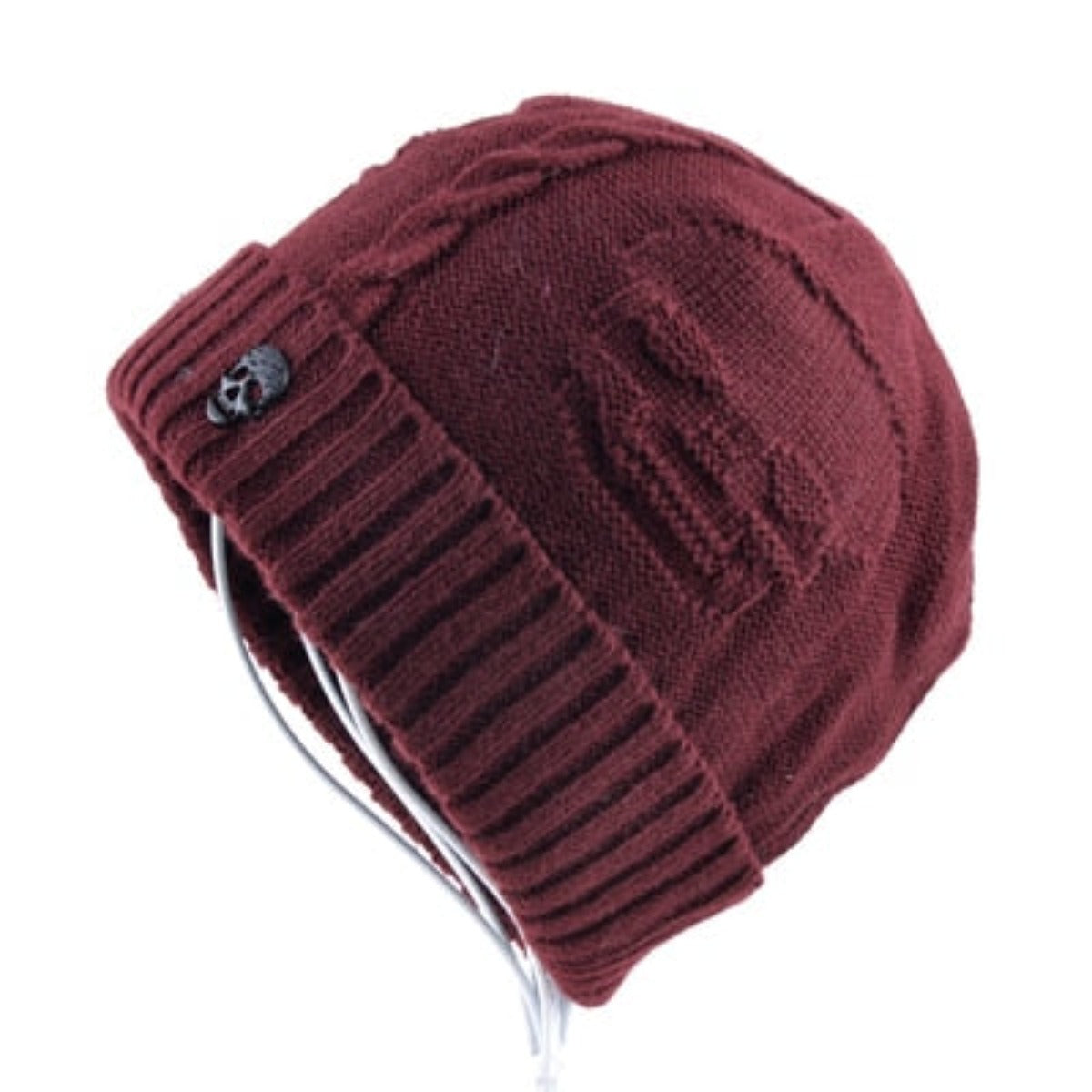 A comfortable burgundy knitted skull pattern beanie hat with earphones.