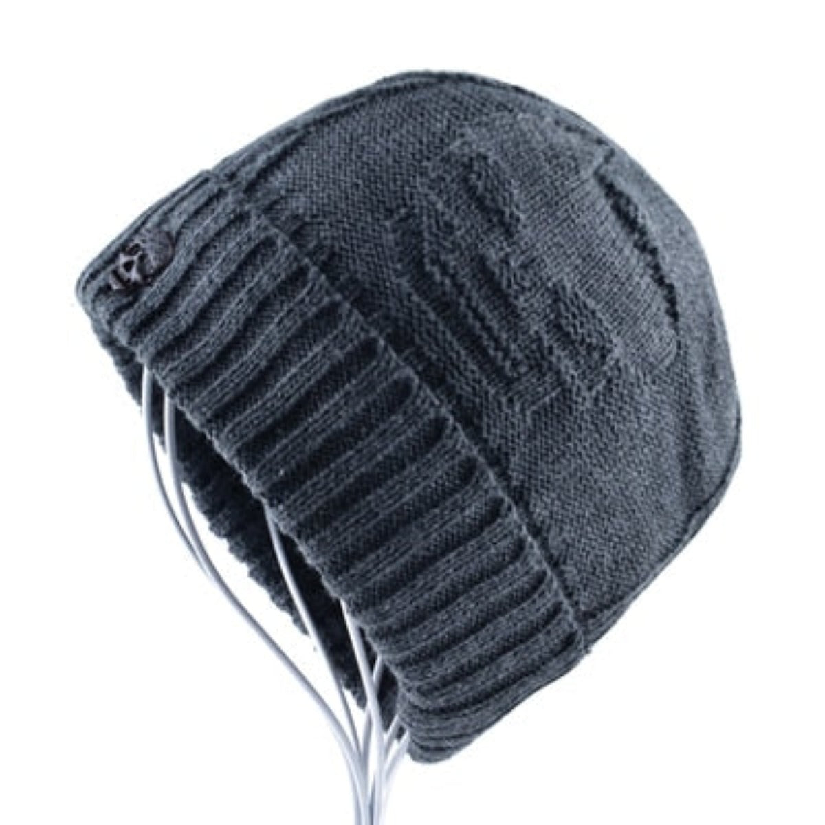 A comfortable gray Knitted Skull Pattern Beanie Hat on top of a mannequin.