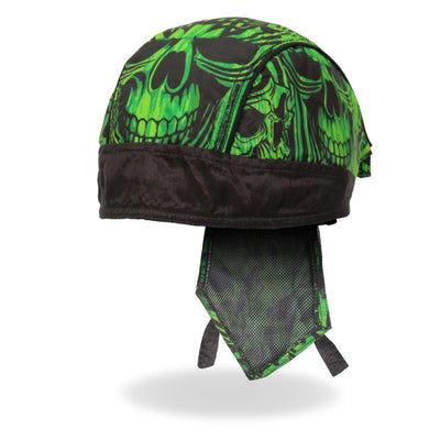Hot Leathers Headwrap Over The Top Skulls Green - American Legend Rider