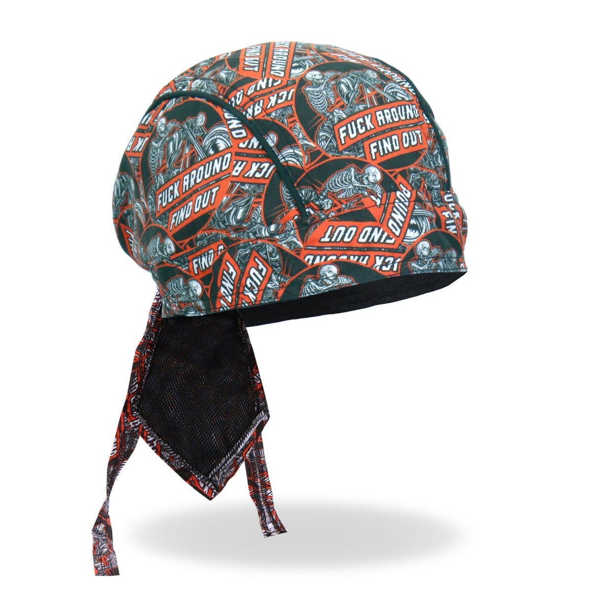 The Hot Leathers Fvck Around Find Out Lightweight Headwrap features a striking design with the text "FUCK AROUND FIND OUT" and an illustration of a skeleton motorcyclist in dynamic shades of red, black, and white. This moisture-wicking headscarf is ideal for any daring adventure.