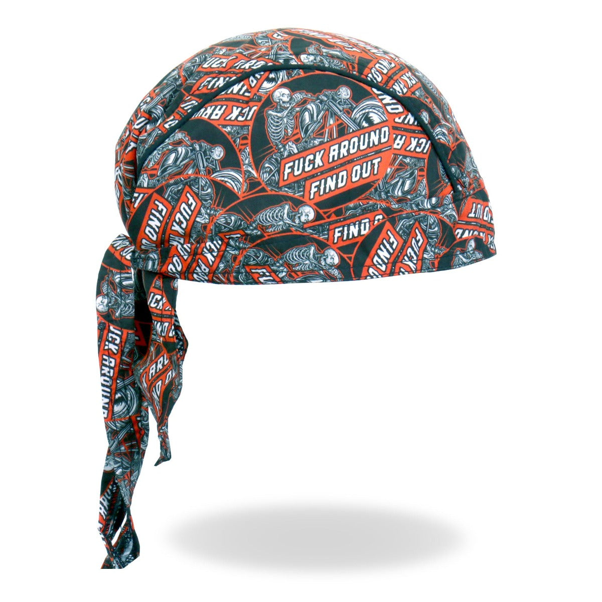 Introducing the Hot Leathers Fvck Around Find Out Lightweight Headwrap, a moisture-wicking headwrap adorned with a vibrant design of skeletons and the bold phrase "FUCK AROUND & FIND OUT.