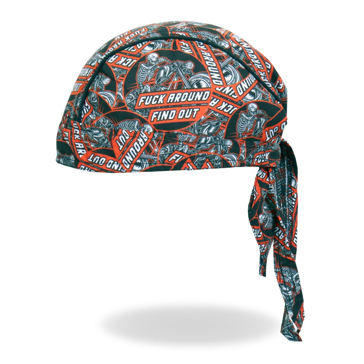 The Hot Leathers Fvck Around Find Out Lightweight Headwrap is a moisture-wicking headwrap featuring a black, red, and white design with repeated text that reads "FUCK AROUND, FIND OUT," and images of skeleton motorcyclists riding motorcycles.