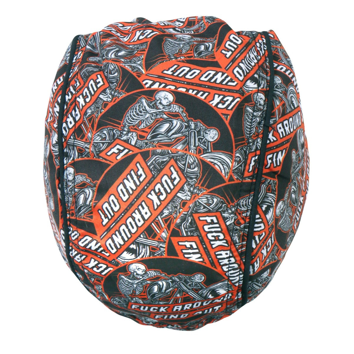 Introducing the Hot Leathers Fvck Around Find Out Lightweight Headwrap, featuring a striking skeleton motorcyclist design with skeletons riding motorcycles and the bold, repeated phrase "FUCK AROUND FIND OUT." The design is predominantly orange, black, and white.