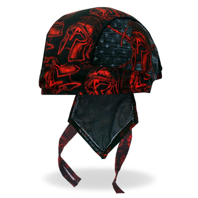 A black and red Hot Leathers Roman Soldier Lightweight Headwrap with a skull and crossbones design, perfect for UV protection during outdoor activities or as a stylish sweat control doo rag head wrap.