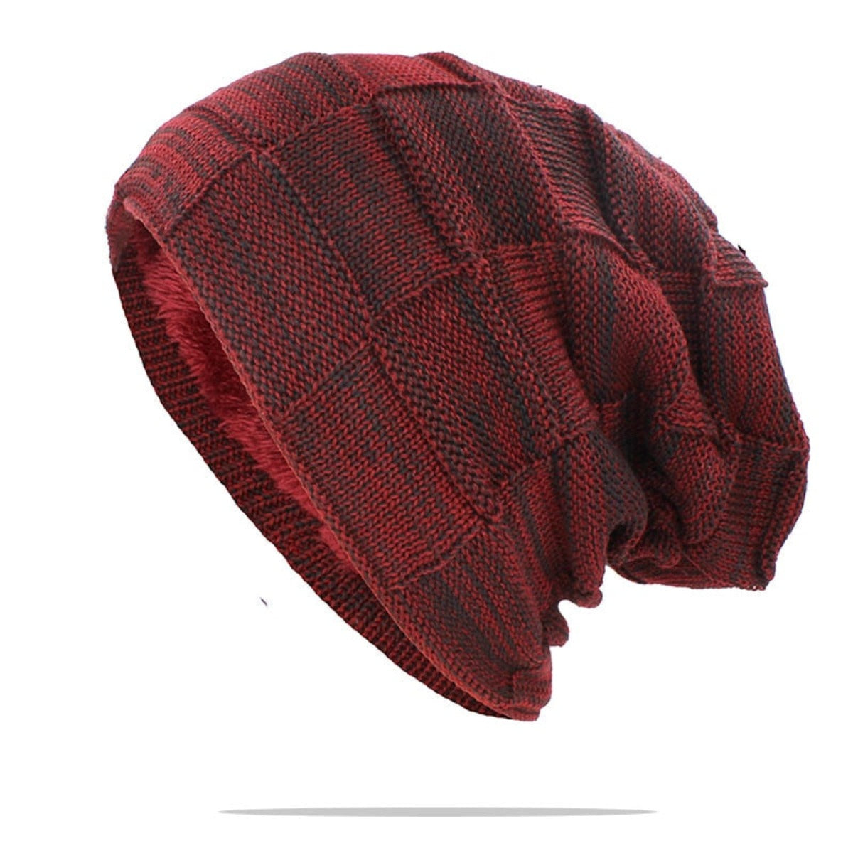 A high-quality, Casual Winter Knitted Beanie Hat in red and black on a white background.