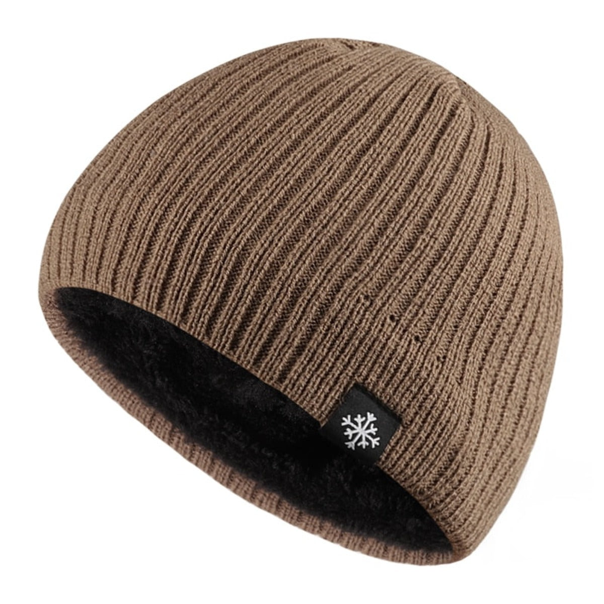 A breathable and anti-static knitted winter beanie hat in tan with a black logo.