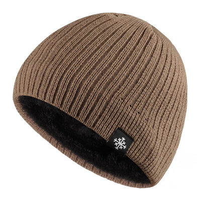 A breathable and anti-static knitted winter beanie hat in tan with a black logo.
