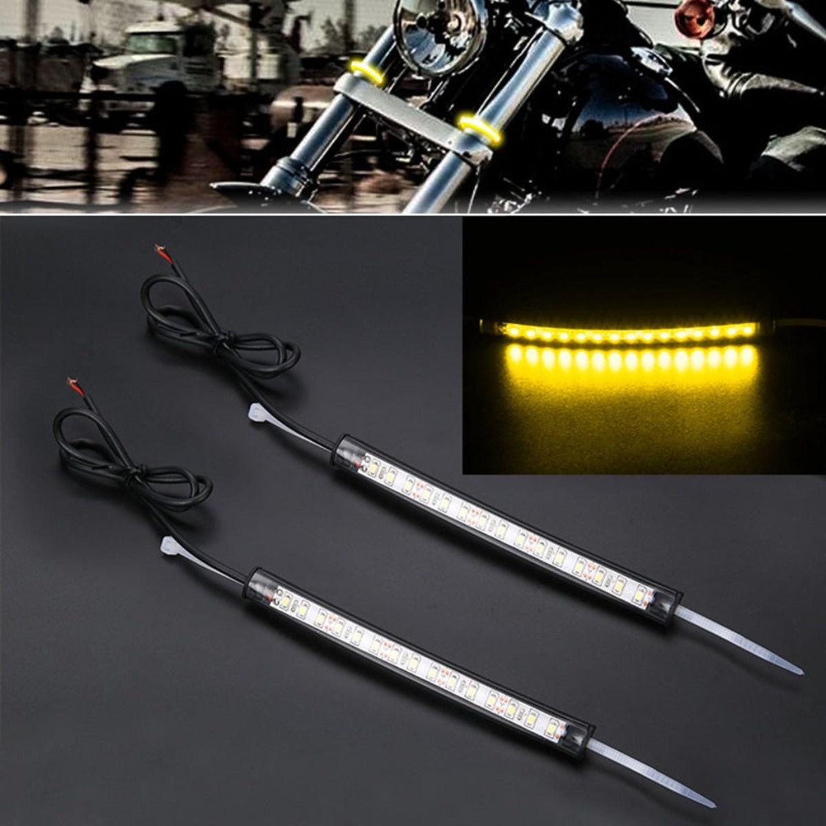 The Motorcycle Fork Smoked LED Turn Signal Strip Lights Kit for Harley Davidson 39mm - 41mm Fork, 12-15 V DC, is showcased in bright yellow with wiring and adhesive backing.