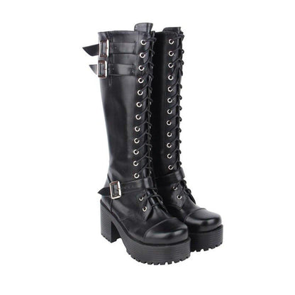 Women's Knee High Buckle Strap Punk Boots - American Legend Rider