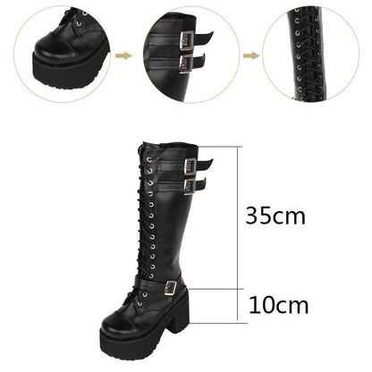 Women's Knee High Buckle Strap Punk Boots - American Legend Rider
