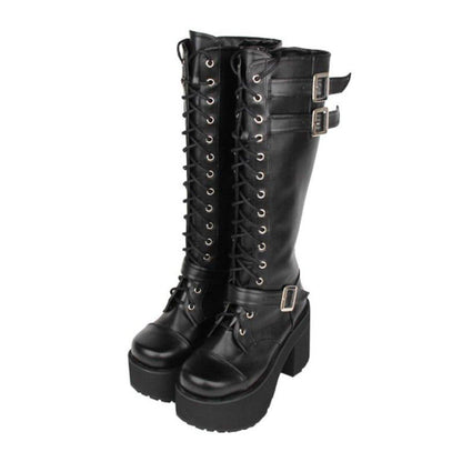 Women's Knee High Buckle Strap Punk Boots - American Legend Rider