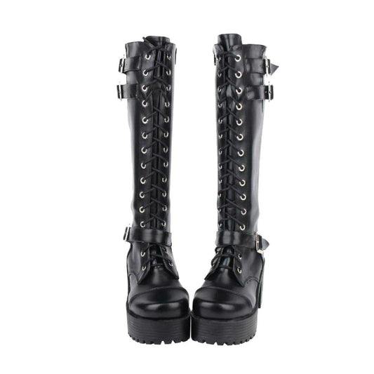 Women's Knee High Buckle Strap Punk Boots - American Legend Rider