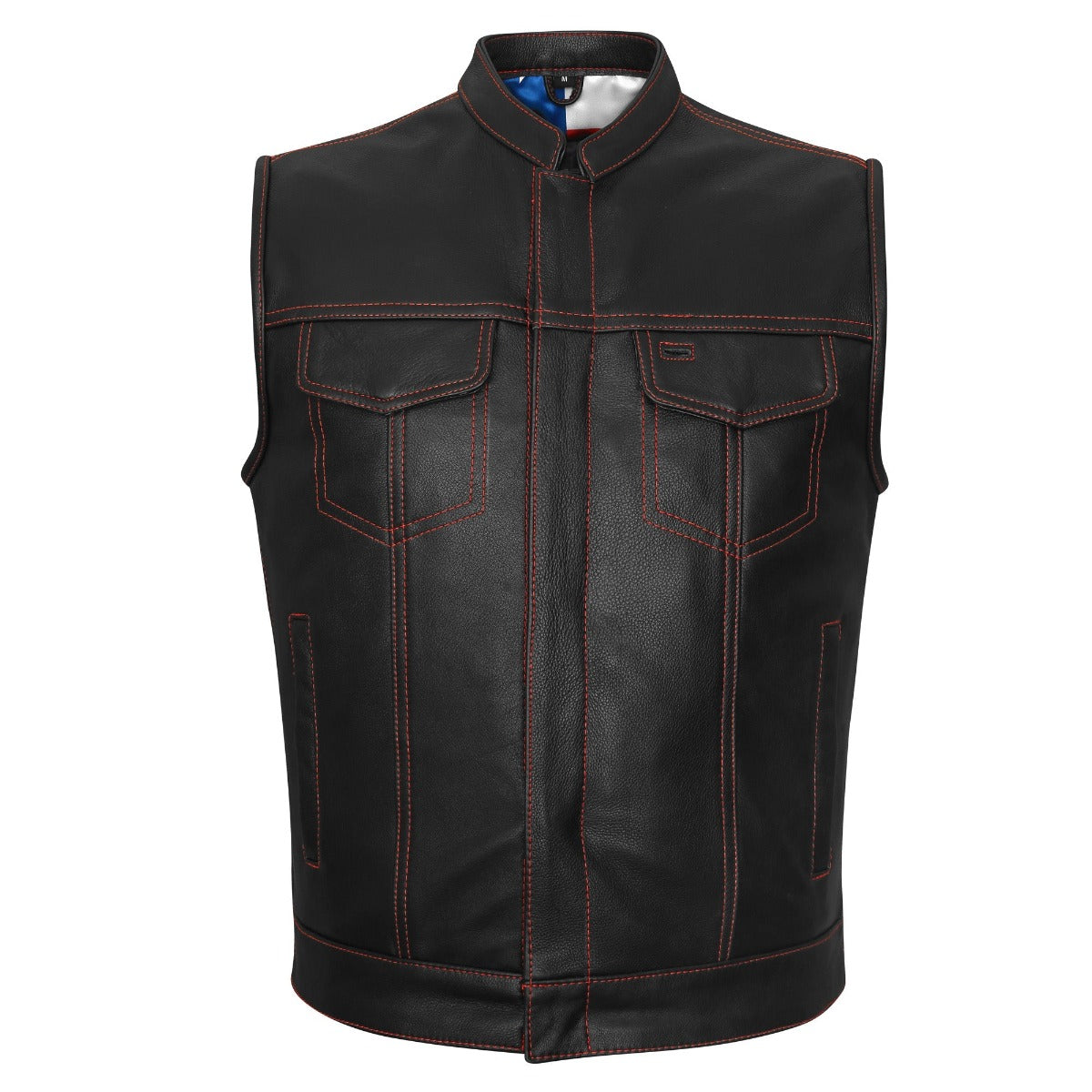 Vance Leather High Mileage Men's Leather Club Vest w/American Flag Liner and Red Stitching